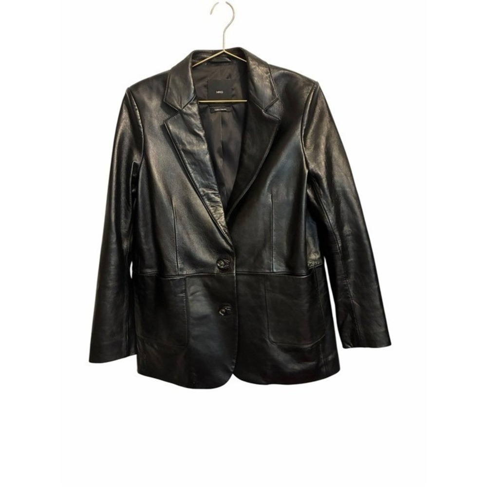 Mango MNG Black Leather Blazer Jacket Two Button Notched Lapel Size Medium
